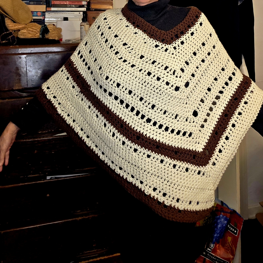 Cream and Brown Hand Knit Sweater Poncho